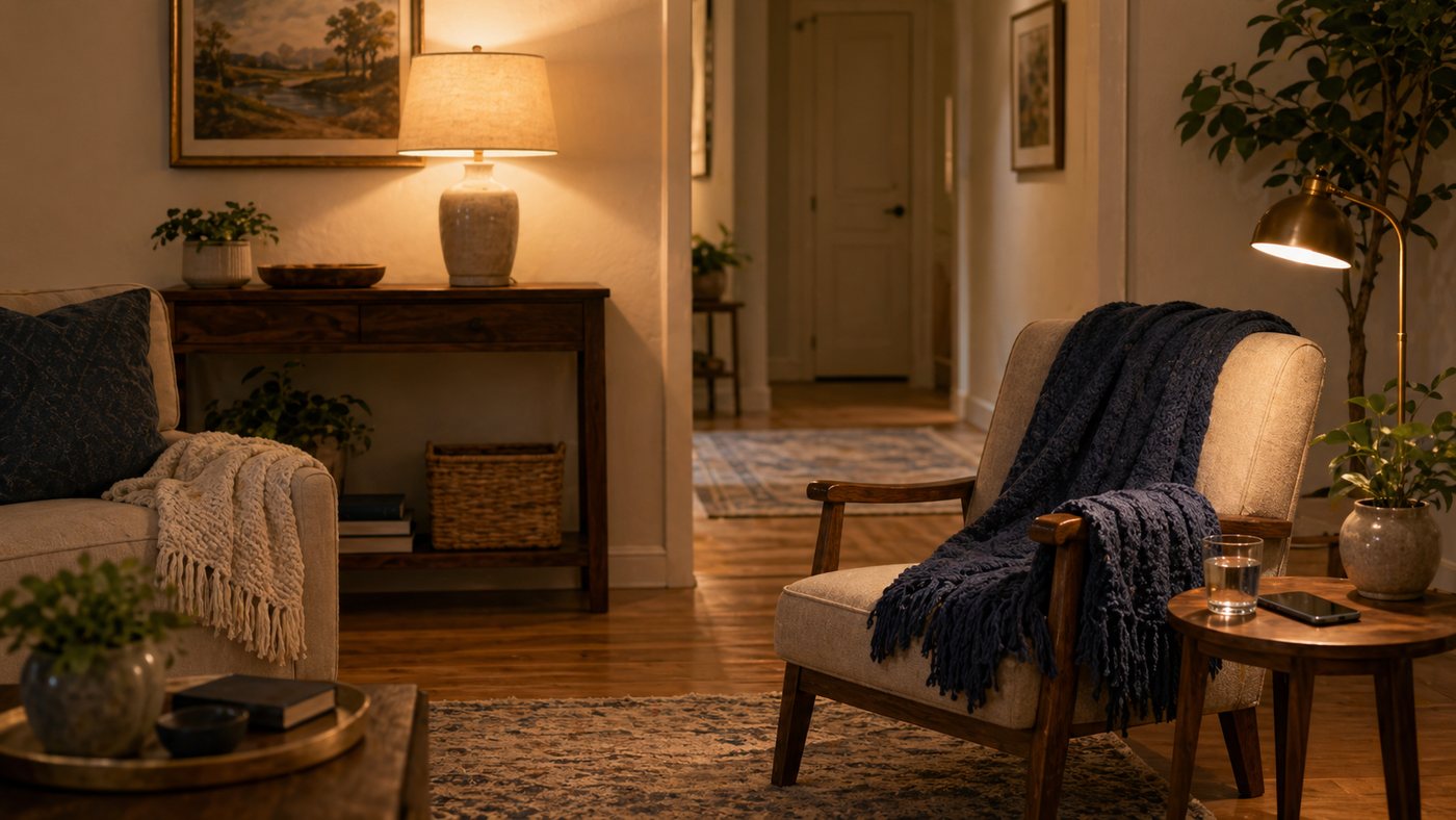 A warm, lamp-lit living room ready for evening care