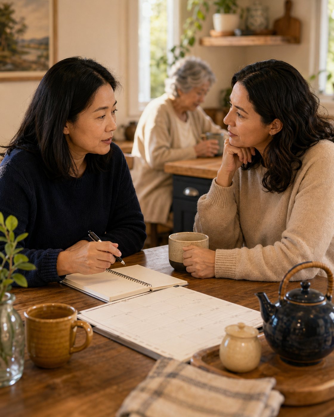 Two adults in a soft caregiving conversation at home