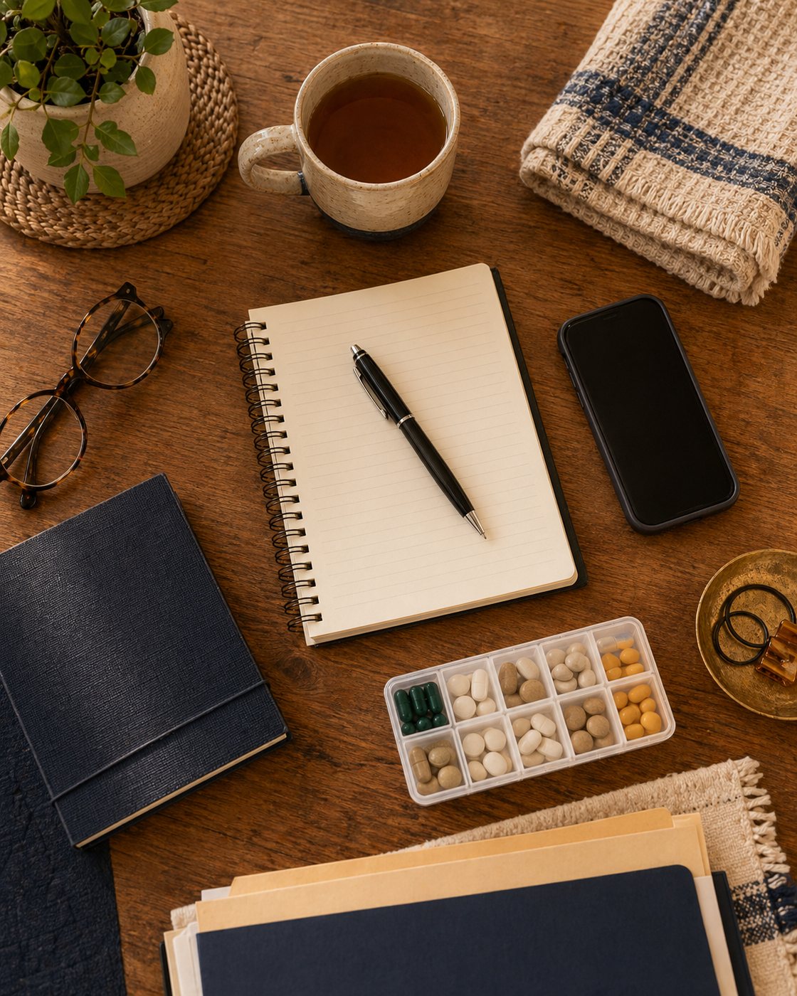 A notebook, tea, and daily care items on a table